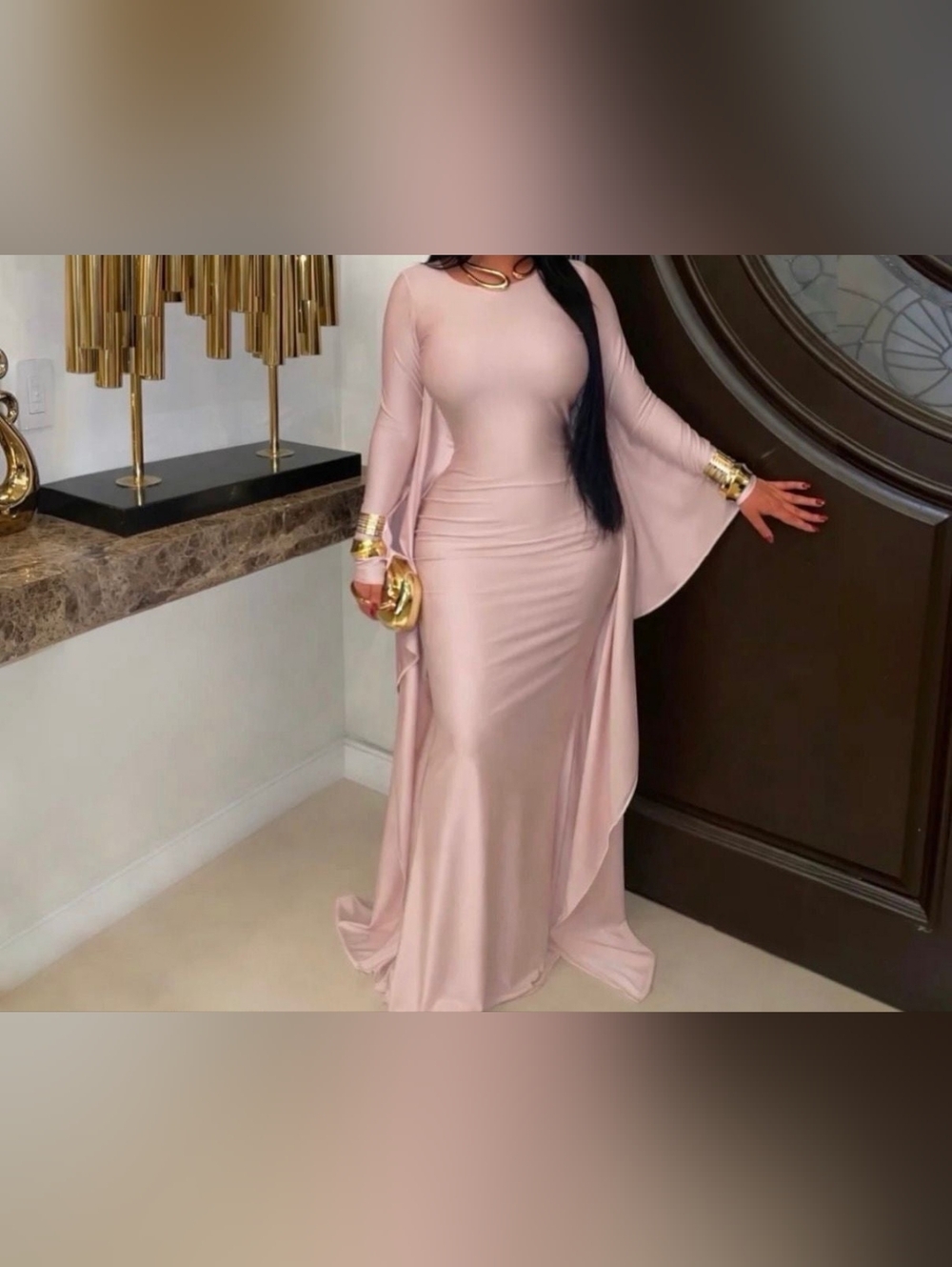 Ottilie Elegant Blush Long Sleeve Draped Maxi Dress